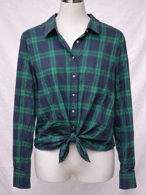 J.Crew Green Blue Plaid Tie Front Button Up Shirt Medium